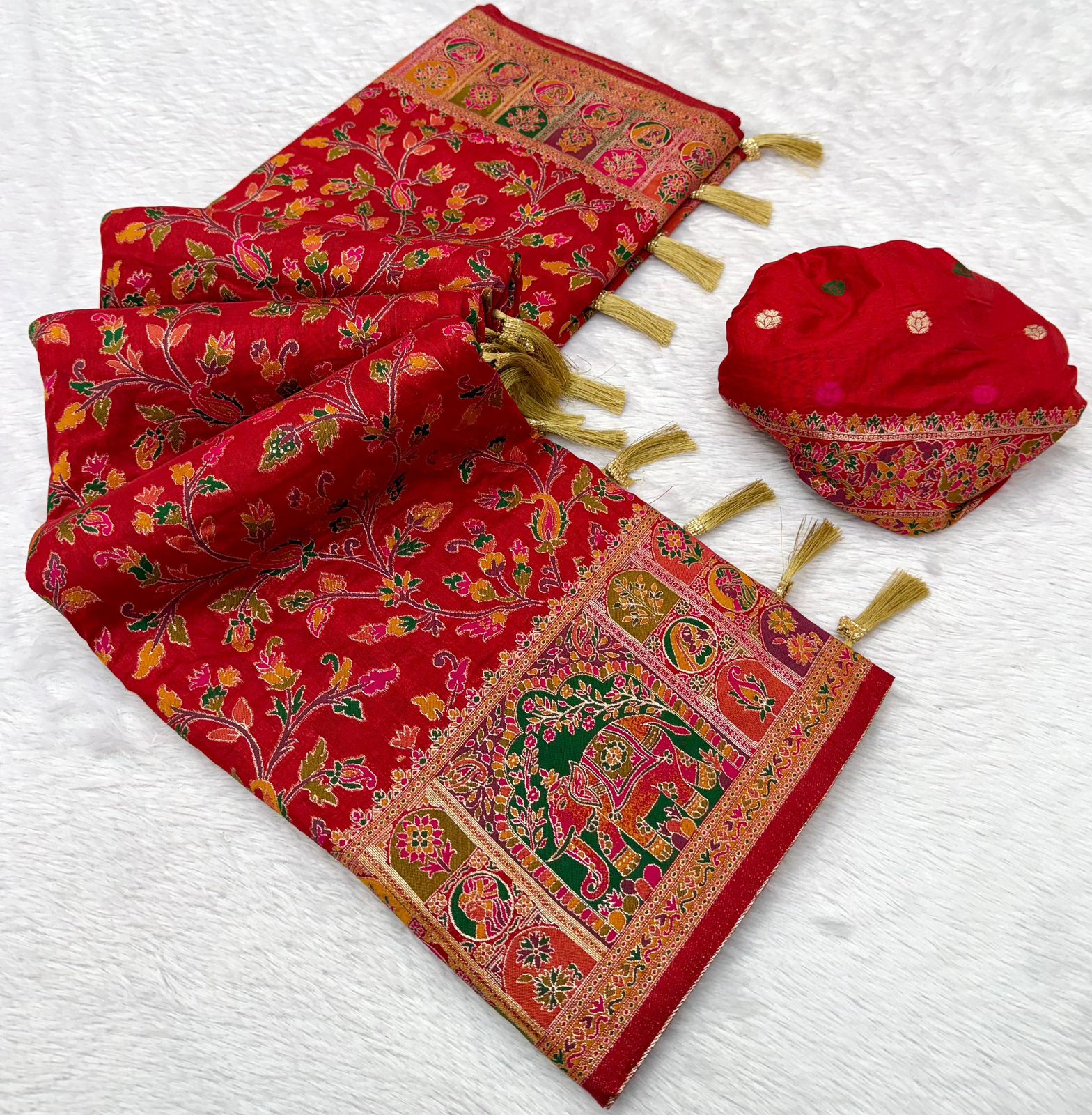 Rajwadi Pashmina Silk Saree with Kashmiri Weaving & Zari Border